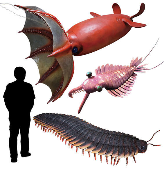 いずれも２メートルを超える巨大絶滅生物の実物大復元模型